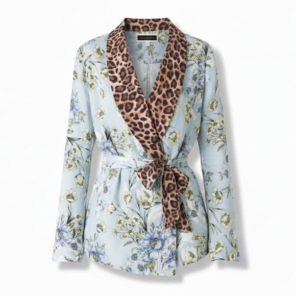 NWT WHBM Women M Floral Animal Print Designer Shawl Collar Mixed Art Wrap Blouse - Picture 1 of 11